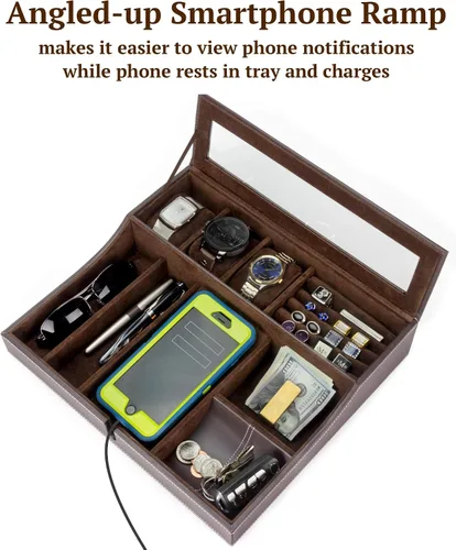 Miniatura 7 de Houndsbay Navigator - Bandeja organizadora grande para hombre con caja de relojes, organizador de joyas y estación de carga para móvil, Café Oscuro