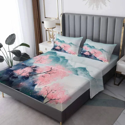 NOGAWA Sábanas de montaña tamaño individual, sábanas de cama florales rosas, juego de sábanas y fundas de almohada con patrón de 3 piezas, sábana