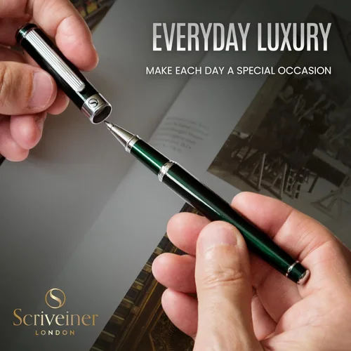 Miniatura 5 de Scriveiner British Racing Green Rollerball - Impresionante bolígrafo de lujo con acabado cromado, repuesto de tinta Schmidt, el mejor juego de 12.