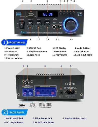 Miniatura 3 de Amplificador de audio estéreo para el hogar AK45, 400 W Bluetooth 5.0 HiFi Amplificador de potencia estéreo 2.0 canales RMS 40W x 2 sistema de audio