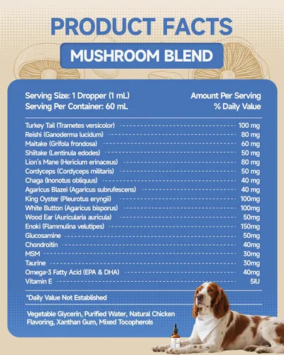 Miniatura 4 de Suplemento orgánico de hongos para perros, mezcla 18 en 1 con cola de pavo, reishi, melena de león. Apoya la defensa inmunológica, alivio