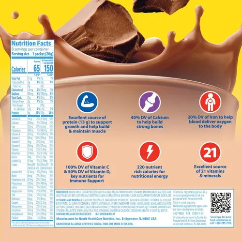 Miniatura 3 de Carnation Breakfast Essentials Polvo de bebida nutricional Light Start Sabor rico chocolate con leche, caja de 8 paquetes de 20 g (0,705 oz)