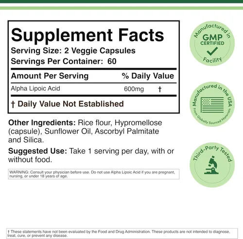 Miniatura 5 de Double Wood - Ácido alfa lipoico de 600 mg por porción, 120 cápsulas (probado por terceros, sin OMG, sin gluten, vegano seguro), apoyo energético