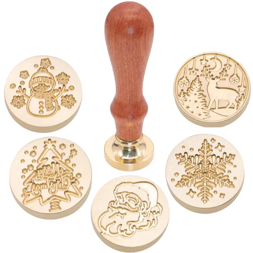 Miniatura 6 de SWANGSA Juego de caja de regalo de sellos de cera de Navidad, 6 cabezas de sello de sellado vintage + 1 empuñadura de madera, kit de sellos de cera