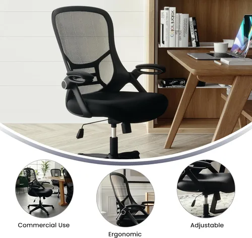 Miniatura 5 de Flash Furniture Porter - Silla de oficina giratoria ergonómica de malla negra con marco negro y brazos abatibles