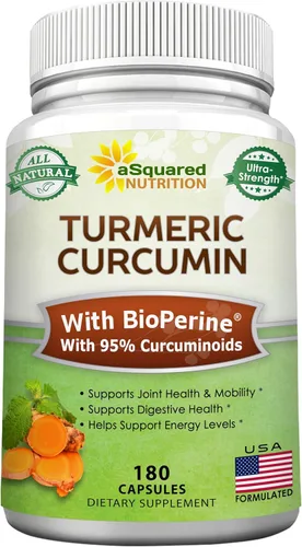 aSquared Nutrition Curcumina de cúrcuma de 1600 mg con extracto de pimienta negra BioPerine - 180 cápsulas con 95% curcuminoides, suplementos de