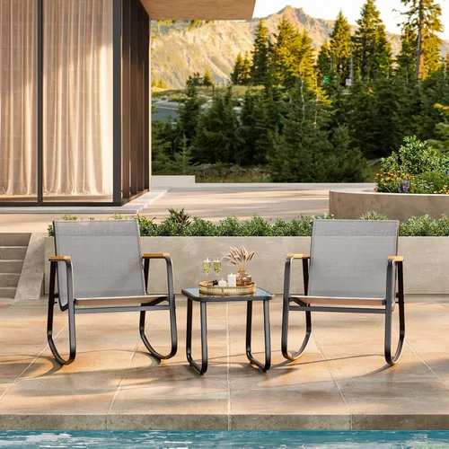 Miniatura 9 de Ahomly - Juego de 3 piezas de muebles de patio, juego de muebles de exterior de Textilene con reposabrazos de madera, mesa de café con superficie