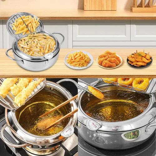 Miniatura 6 de Olla para freír, 2 cuartos de galón/8.2 pulgadas, freidora pequeña de acero inoxidable 304, mini freidora con termómetro, tapa, escurridor de aceite