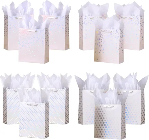 SHIPKEY Paquete de 12 bolsas de regalo blancas, 10 x 4 x 13 pulgadas, bolsas de regalo blancas medianas surtidas, bolsas de regalo para regalos,