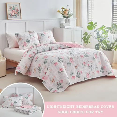 Miniatura 4 de Juego de edredón floral tamaño Queen 88x88 con flores rosas y amarillas, de microfibra suave, ligero, colcha reversible de verano de 3 piezas, juego
