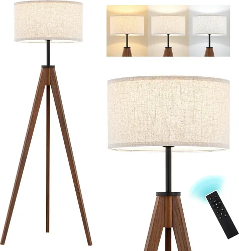 Miniatura 10 de ELYONA Lámpara de pie de trípode de madera estilo granja, lámpara de pie moderna de lectura con bombilla LED de 3 temperaturas de color y pantalla