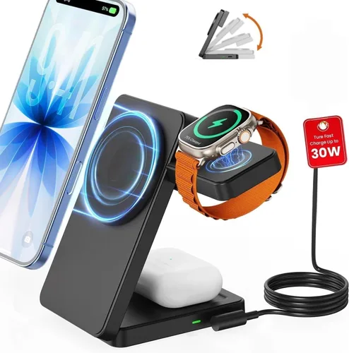 Miniatura 9 de Soporte de cargador inalámbrico, estación de carga inalámbrica rápida 3 en 1 para Apple Watch 11/9/8/7/6/SE/5/4/3/2, Airpods 3/2/Pro, iPhone Negro