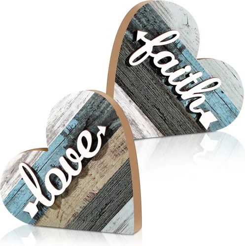Jetec 2 piezas de decoraciones rústicas de mesa para sala de estar, hogar, granja, centros de mesa, pequeños adornos de corazón de madera con amor