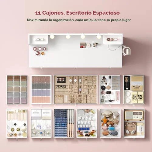 Miniatura 4 de HAUOMS Tocador con luces y espejo, tocador de maquillaje de 11 cajones con tira de alimentación, 6 estantes abiertos, escritorio de tocador de 43.3