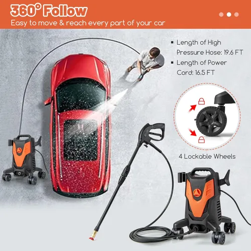 Miniatura 6 de Goplus Lavadora a presión eléctrica, 2400 PSI 1.7 GPM Lavadora de alta presión con 4 boquillas rápidas y ruedas universales, lavadora a presión