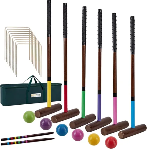 SpexDarxs Juego de croquet para seis jugadores de 28 pulgadas, kit de croquetas con mazos de madera de primera calidad, bolas de colores, mechones,