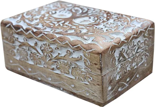 Miniatura 12 de DharmaObjects Caja de madera tallada a mano grande del árbol de la vida, almacenamiento de recuerdos, multiutilidad Blanco