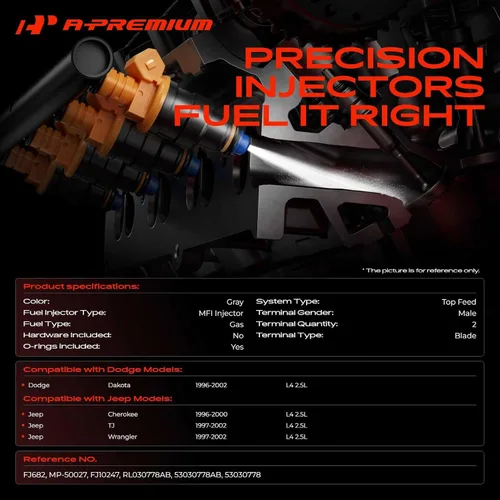Miniatura 2 de A-Premium Inyectores de combustible compatibles con Jeep Wrangler 1997-2002, Cherokee 1996-2000, TJ 1997-2002 y Dodge Dakota 1996-2002, L4 2.5L
