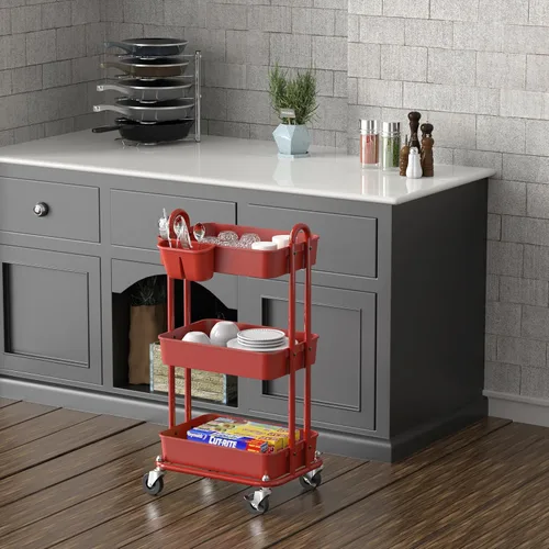 Miniatura 4 de Simple Houseware - Carro multiusos rodante de 3 niveles con cubos colgantes, color Rojo