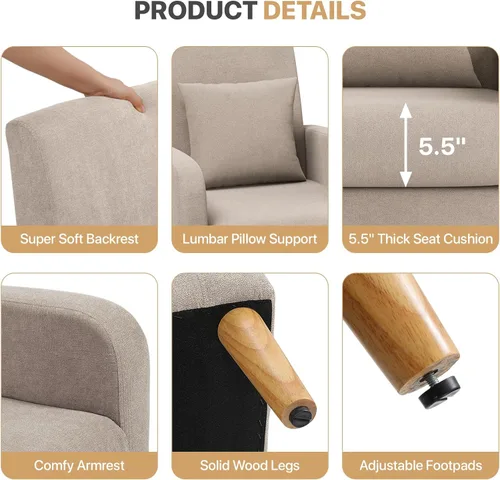 Miniatura 9 de Magshion Silla decorativa Mid-Century para dormitorio, cómoda silla de lectura para sala de estar, sillón tapizado de tela de lino, sofá individual