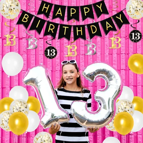 Miniatura 8 de Decoraciones de cumpleaños número 13 para niños y niñas, suministros de fiesta de cumpleaños número 13 negro dorado con pancarta colgante en espiral