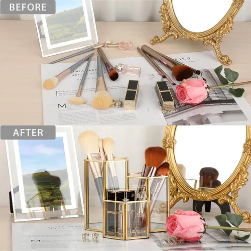 Miniatura 8 de Hipiwe Porta brochas de maquillaje de vidrio, 3 ranuras espejadas, organizador de brochas de cosméticos doradas, vitrina, caja de almacenamiento