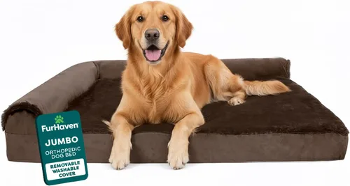Miniatura 20 de Furhaven - Cama ortopédica de espuma para perros, de piel sintética y gamuza, en forma de L, en dos tonos estilo caja de huevos, color gris piedra