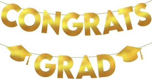 KatchOn, Banner de graduación de felicitaciones doradas y negras con purpurina, 10 pies, pancarta de graduación dorada y negra, guirnalda de gorra