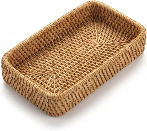 Miniatura 14 de Juego de 3 bandejas de ratán, bandeja rectangular tejida, bandeja decorativa de mimbre, organizador de tocador de mesa de café, encimera de cocina