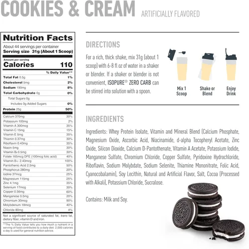 Miniatura 5 de Isopure Zero Carb 100% Proteína Pura de Suero Aislado en Polvo, Libre de Lactosa, Libre de Gluten, Con Vitaminas, Galletas y Crema, 25g de Proteína