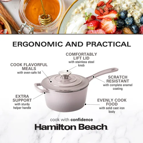 Miniatura 5 de Hamilton Beach Sartén de hierro fundido esmaltado de 2 cuartos de galón, color gris, revestimiento de esmalte crema, olla para estufa y cocción