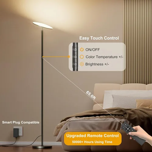 Miniatura 3 de Lámpara de pie LED, lámpara de pie brillante de 36 W 3600 lúmenes, equivalente a 350 W con control remoto y táctil, lámpara de pie moderna con Negro