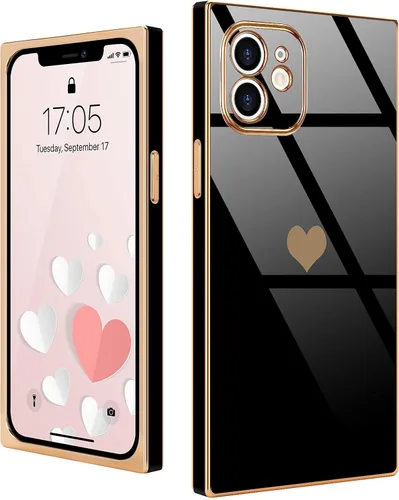 Compatible con iPhone 12 Funda Rectangular Bonita Chapado Dorado Lujo Corazón de Amor Funda de Teléfono para Mujeres Niñas A Prueba de Golpes