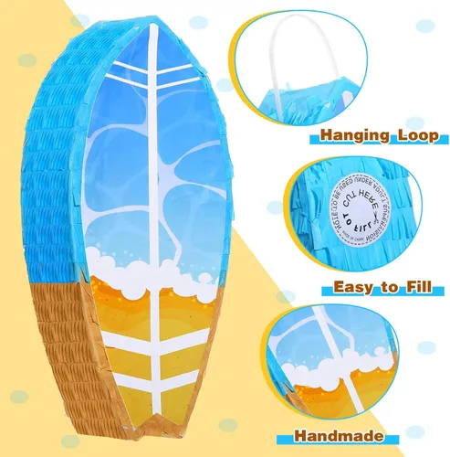 Miniatura 7 de Piñata pequeña de tabla de surf con palo y confeti con los ojos vendados, piñata de verano, decoraciones de Hawaii, tabla de surf, piñata de playa