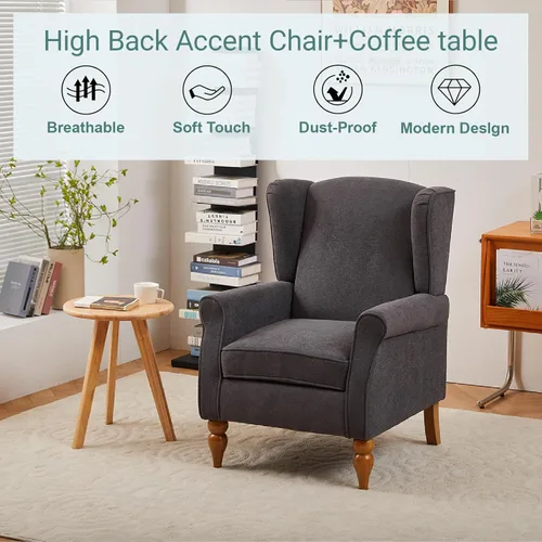 Miniatura 7 de Mid-Century - Silla de ala alta, moderna silla decorativa de tela con mesa auxiliar de madera maciza, sofá individual de ocio para sala de estar