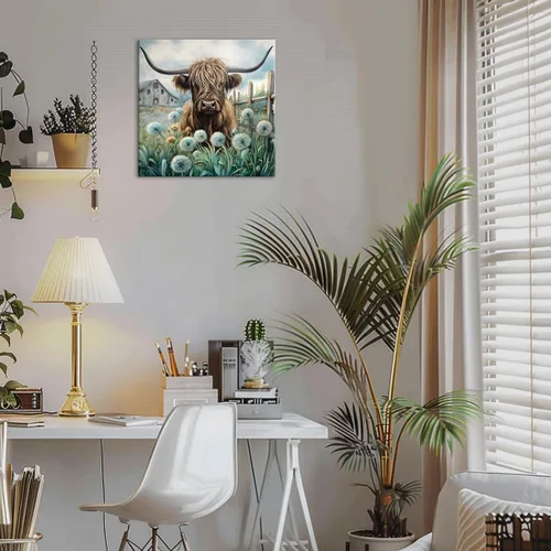 Miniatura 6 de YUEYARIT Decoración de pared de vaca de las tierras altas de granja en verde azulado y marrón: imagen rústica de vaca y diente de león, impresión