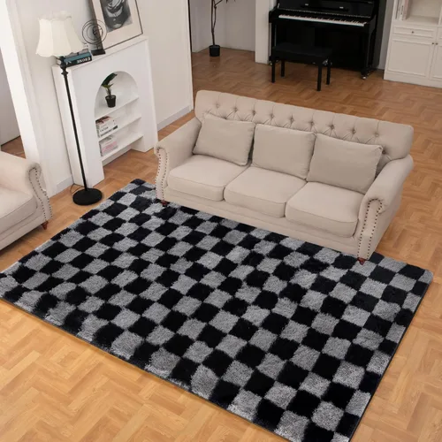 Miniatura 33 de Alfombra de área súper suave en blanco y negro, de 5 x 7 pies, alfombra clásica a cuadros de pelo alto mullida para dormitorio, sala de estar, Negro