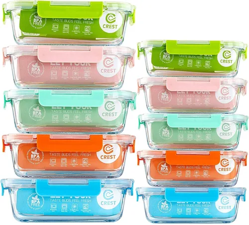 Miniatura 9 de C CREST [Paquete de 10] Contenedores de vidrio para almacenamiento de alimentos con tapas, herméticos, sin BPA, recipientes de preparación de Verde
