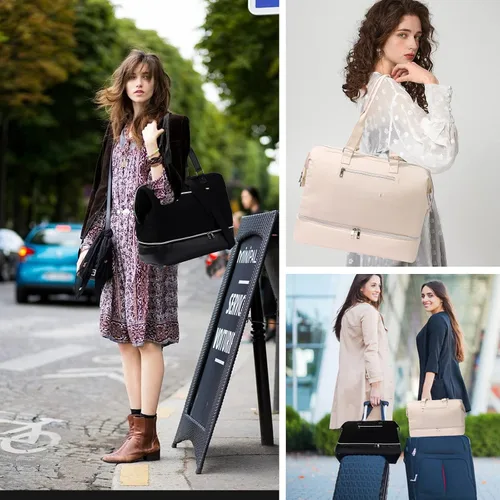 Miniatura 7 de Bolsa de fin de semana con compartimento para zapatos, bolsa de viaje para pasar la noche, Negro -, Estilo conciso