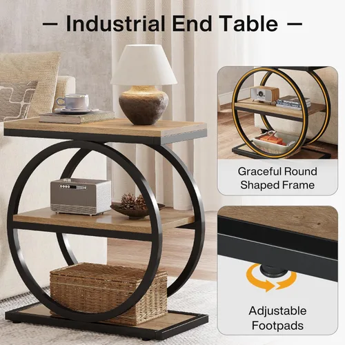 Miniatura 7 de Tribesigns Mesa auxiliar con 3 estantes de almacenamiento, juego de 2, mesa de sofá industrial con marco redondo de metal para sala de estar, mesita