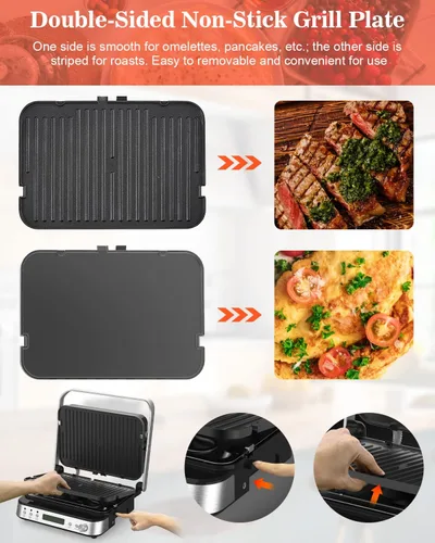Miniatura 4 de Panini Press Grill Sandwichera con placas extraíbles, 1600 W, parrilla interior 6 en 1 con termómetro de carne, parrillas de contacto eléctricas