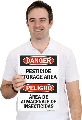 Miniatura 2 de SmartSign Letrero bilingüe "Peligro - Área de almacenamiento de pesticidas" Aluminio de 10" x 14