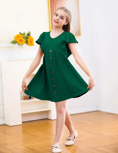 Miniatura 2 de UELoop Girls Summer Ruffle Sleeve Dress 2023 V-Neck Flowy Dress Kids Casual Babydoll Party A-line Swing Dresses 5-14Y