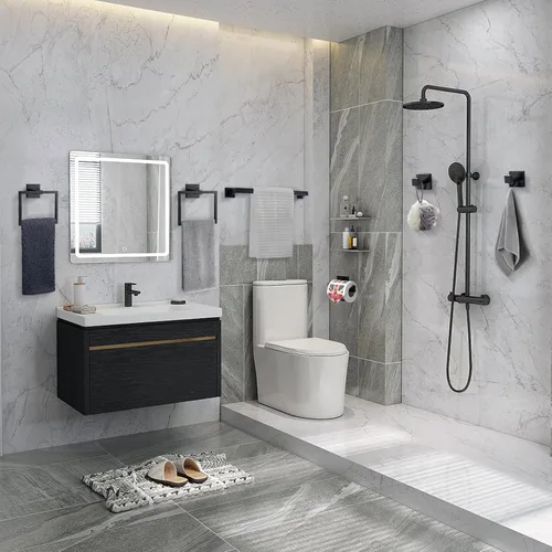 Miniatura 8 de TQKAG Juego de 6 piezas de barras para toallas de baño negro mate, barra para toallas de 23.6 pulgadas de acero inoxidable, anillo para toallas