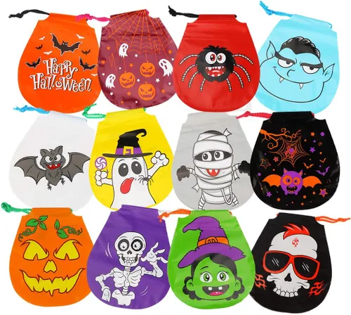 CCINEE 24 bolsas de golosinas con cordón, 12 estilos de bolsas de golosinas de Halloween para niños, suministros de fiesta de truco o trato