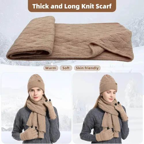 Miniatura 4 de Gorro de punto de invierno para mujer con guantes para pantalla táctil, gorro de pompón, bufandas para el cuello para hombres
