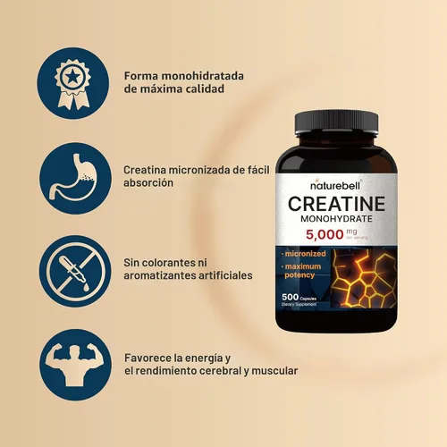 Miniatura 6 de NatureBell Cápsulas de monohidrato de creatina de 5,000 mg por porción, 500 unidades Píldoras de creatina micronizadas y sin sabor Soporte