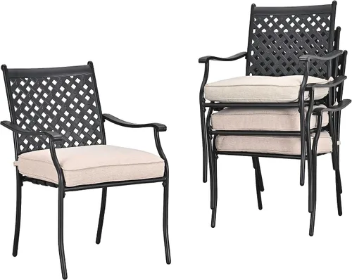 Miniatura 12 de Lokatse Home. Juego de 4 sillas para comedor de hierro forjado para exteriores, con brazos y cojines de asiento. Negro