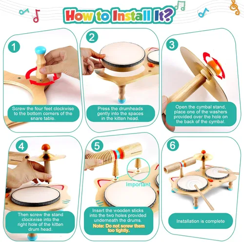 Miniatura 4 de WINGYZ Juego de batería para niños, instrumentos musicales de madera 6 en 1 para niños pequeños de 1 a 3 años, juego de música Montessori para bebés