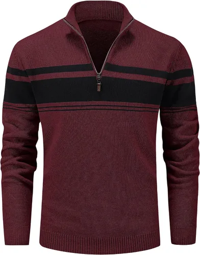 MAGCOMSEN Suéteres de algodón con cremallera de 1/4 para hombre, suéter tipo polo, a rayas, para otoño e invierno, sudaderas cálidas